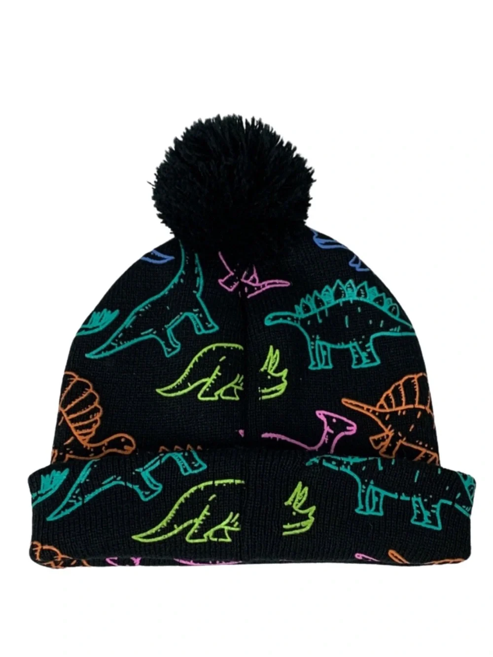 Dinosaur Adventure Kids Beanie Black Multicolor Print One Size Neon Colorful